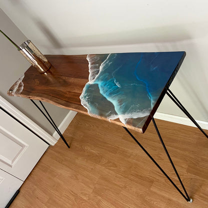 Live Edge Resin Console Table with Ocean Wave Design
