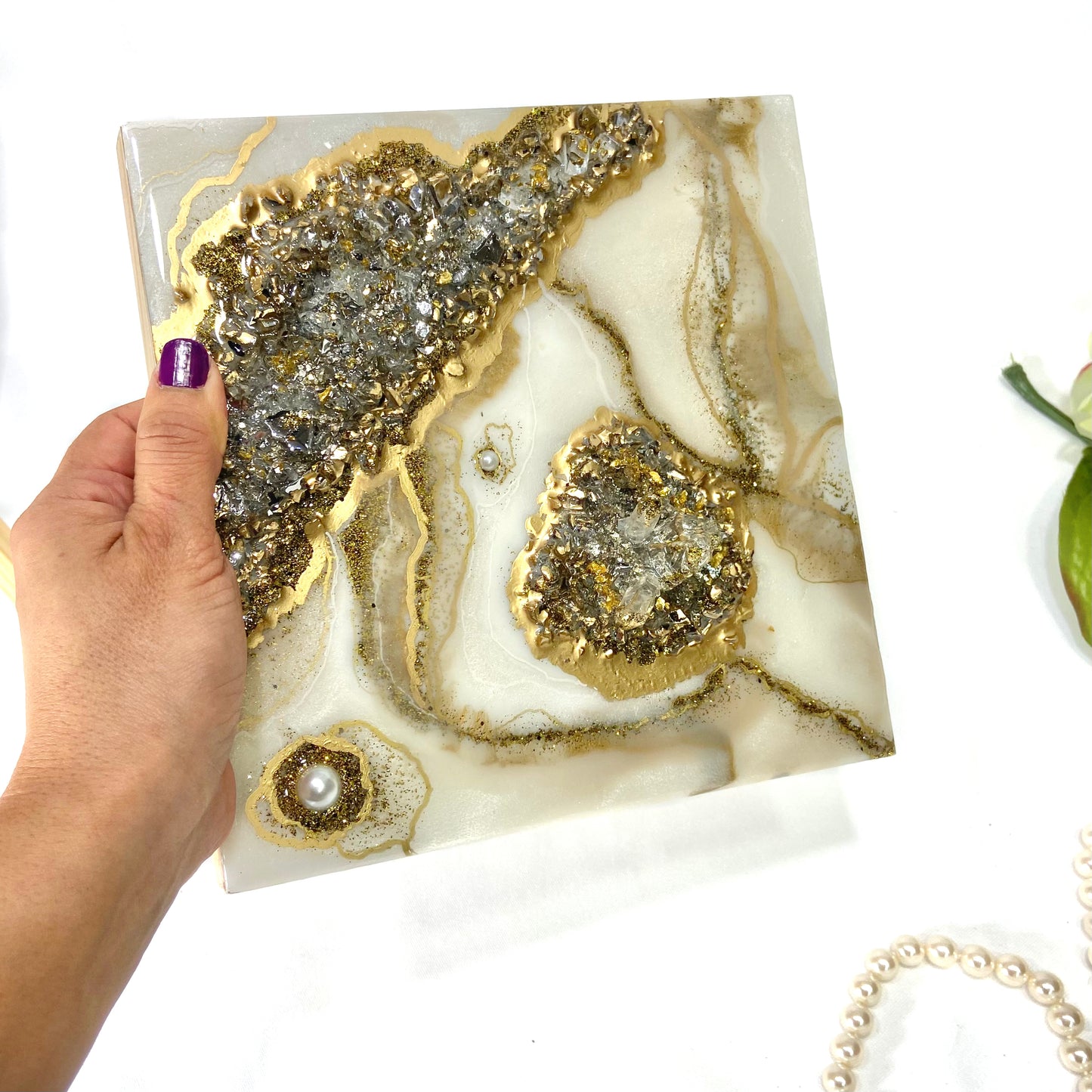 White and Gold Resin Artwork with Crystal Quartz Accents