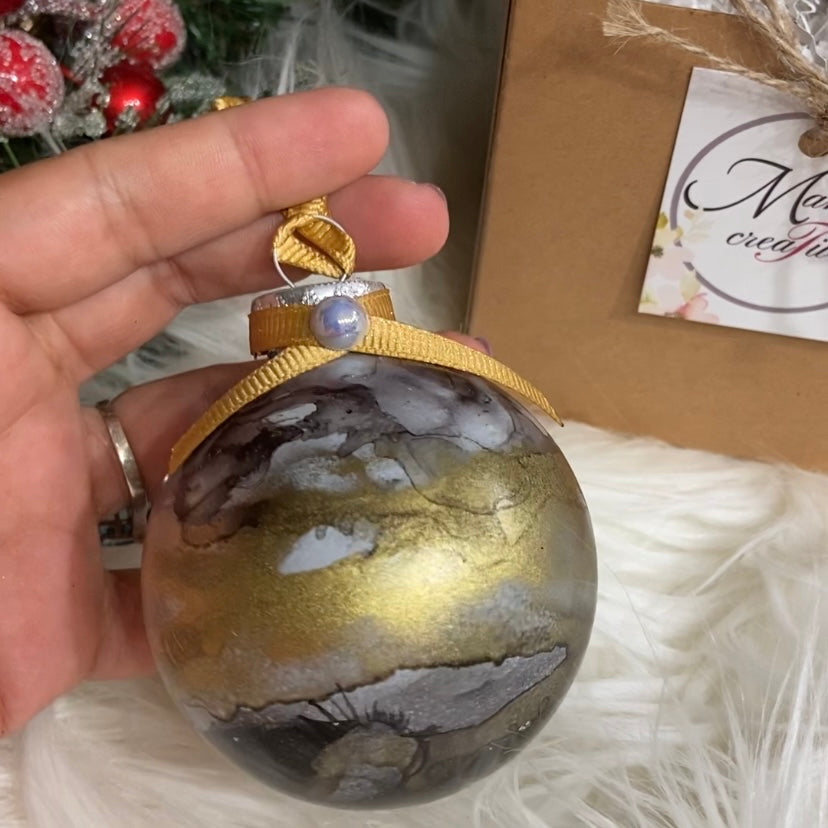 Black and Gold Alcohol Ink Christmas Tree Ornament