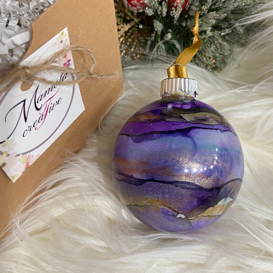 Purple and Gold Alcohol Ink Christmas Ball Ornament
