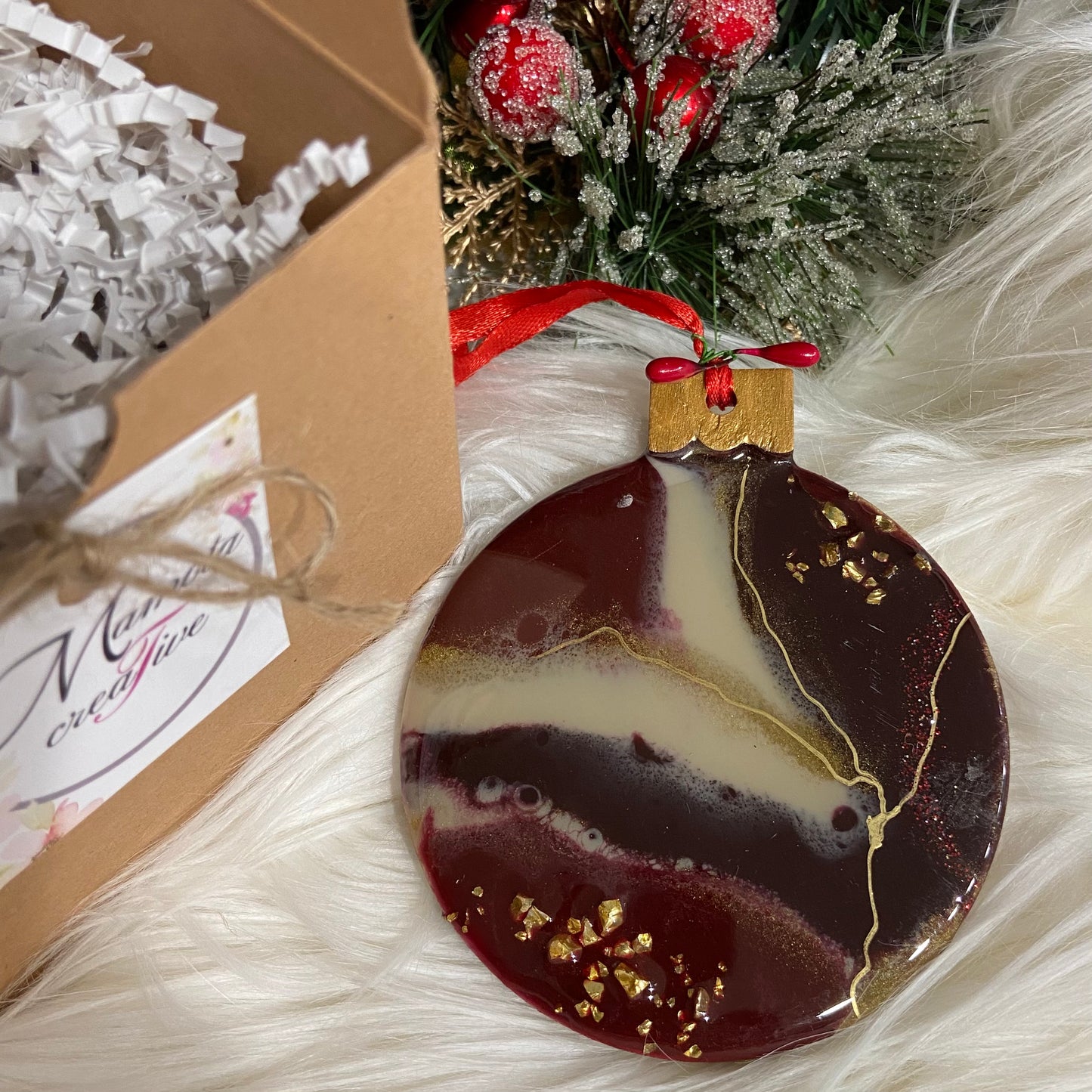 Round Flat Tree Ornament- Burgundy
