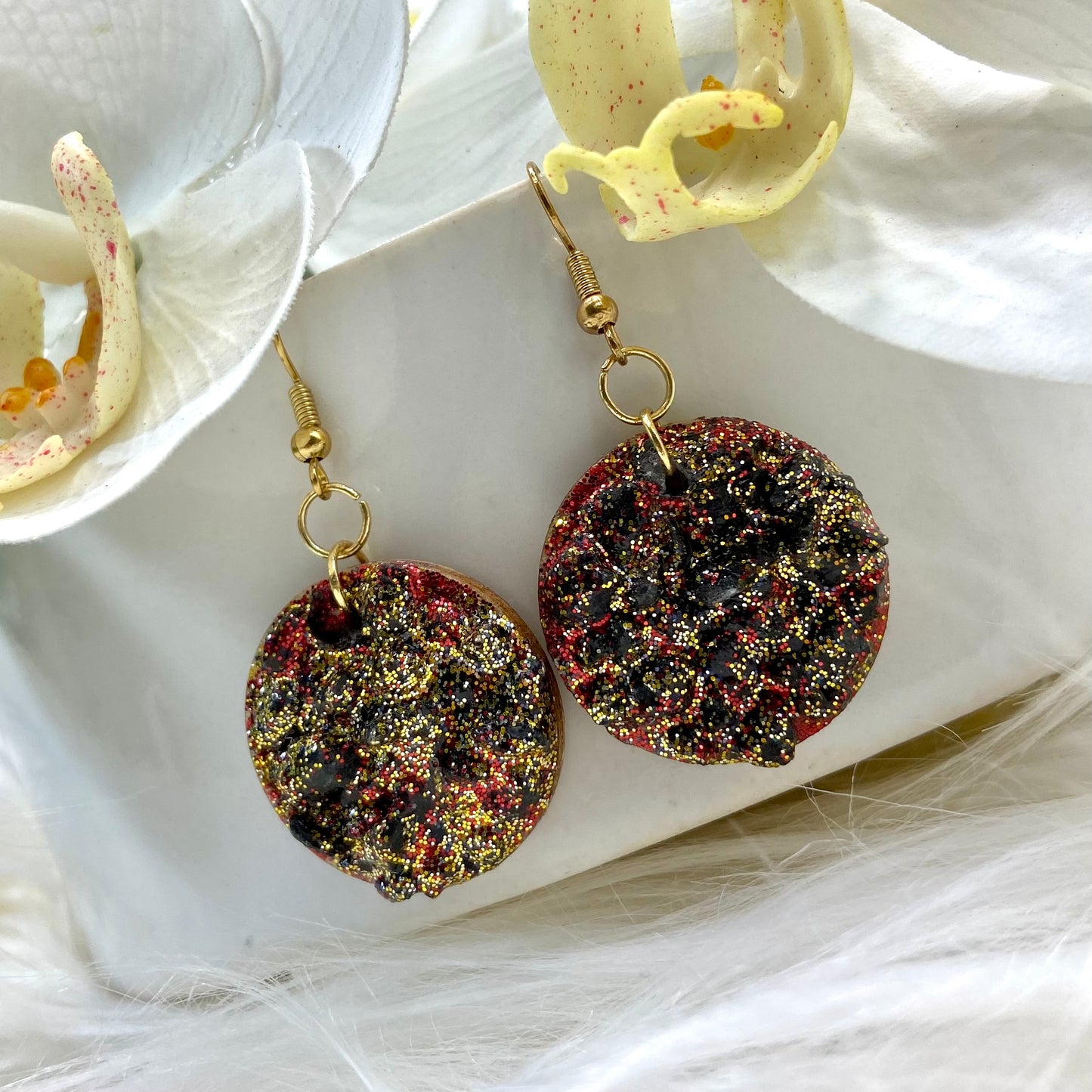 Red and Gold Druzy Drop Earrings