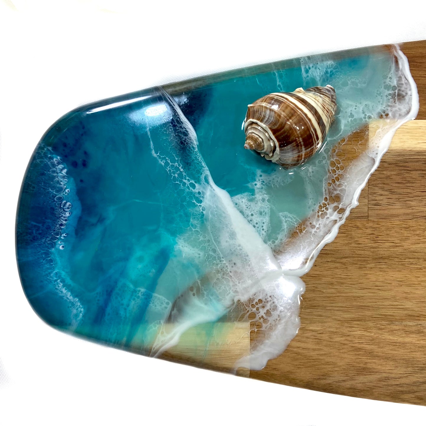 3D Resin-Poured Acacia Wood Serving Board with Seashell Accent