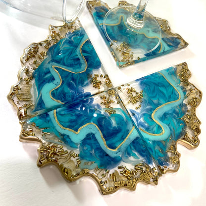 Teal and Gold Epoxy Resin Coaster Set