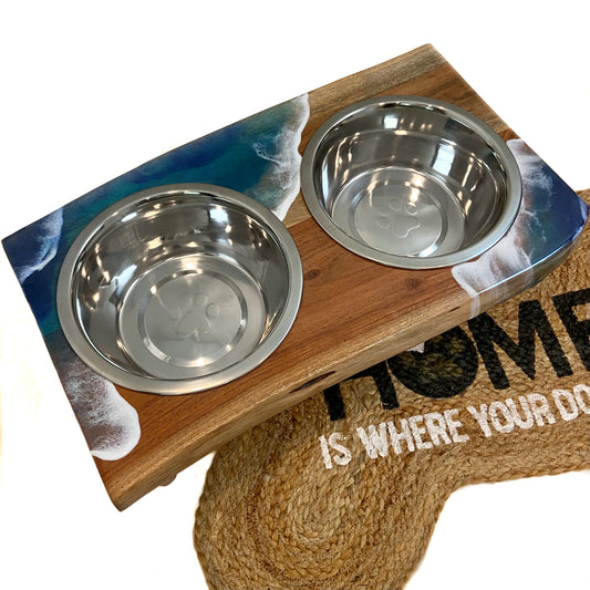 Ocean Waves Elevated Double Dog Bowl Stand: Stylish Comfort for Mealtimes