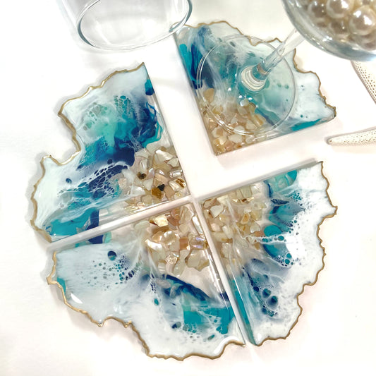 Blue Resin Coaster Set with White Waves and Mother of Pearl
