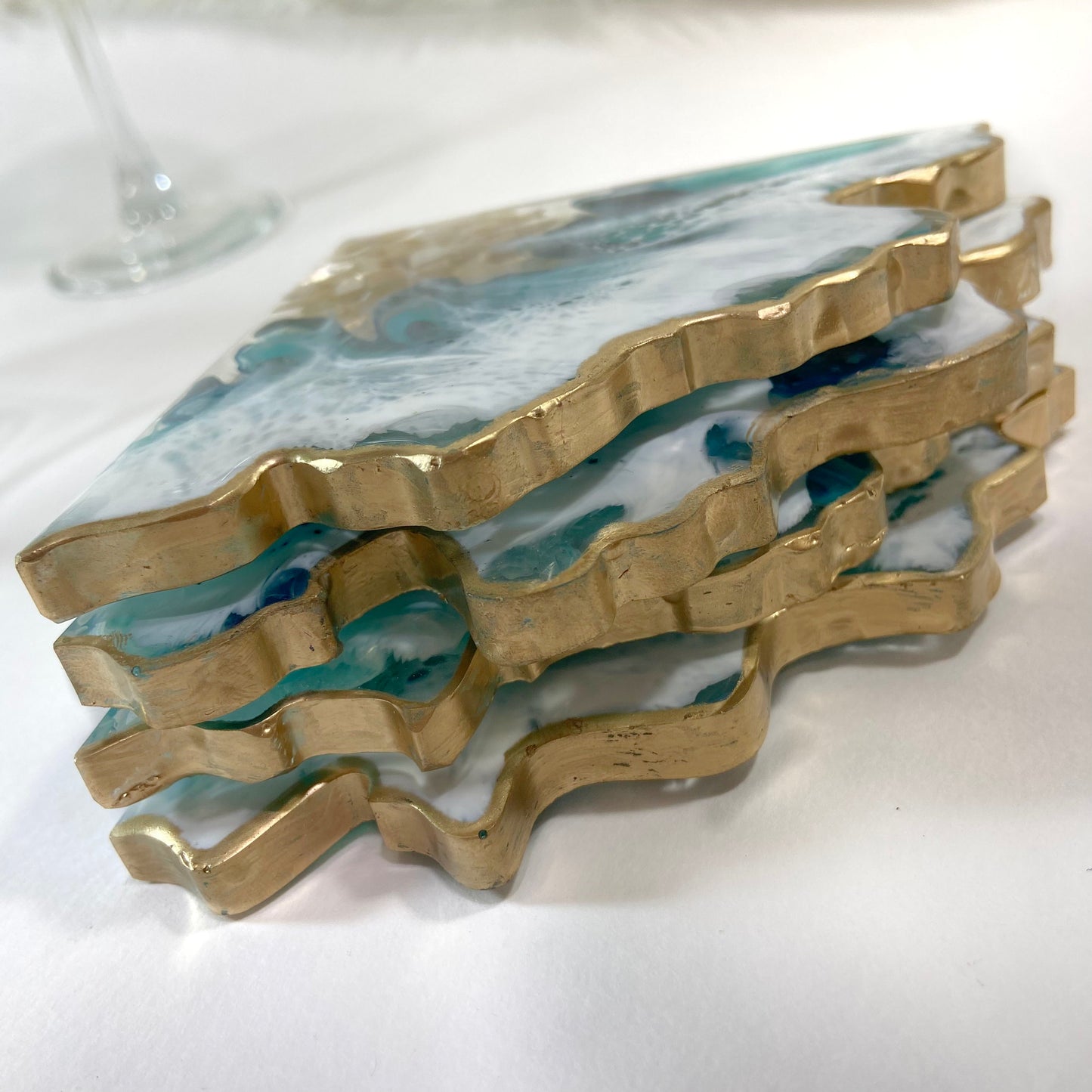 Blue Resin Coaster Set with White Waves and Mother of Pearl