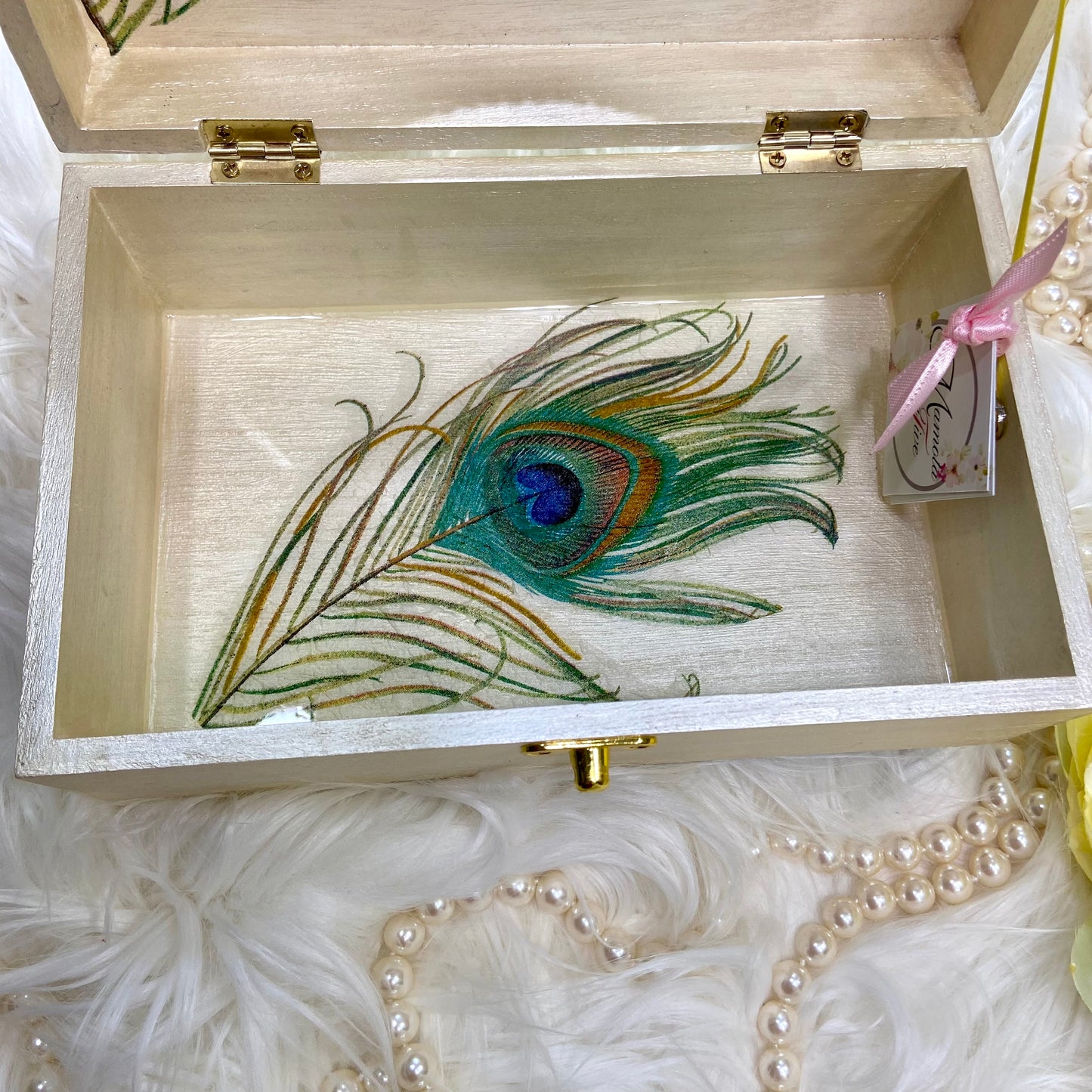 Peacock Feather Decorative Box with Mirror