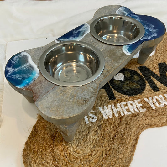 Elevated Dog Bowl with Ocean Art