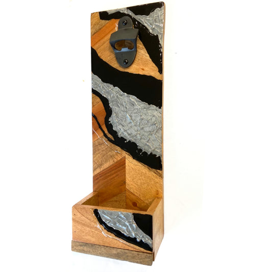 Wall Mounted Bottle Opener in Black and Silver Abstract Design