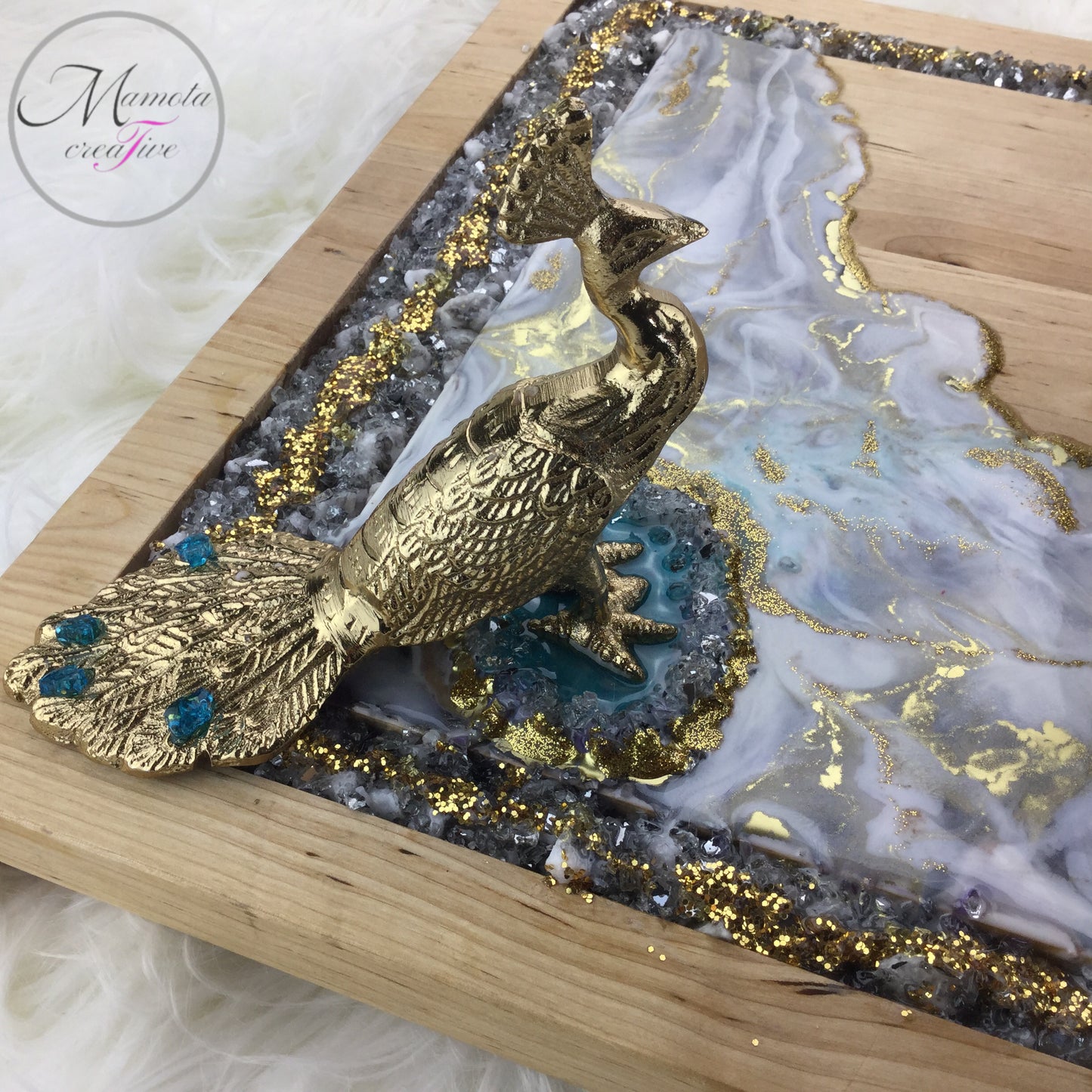 Resin Art with Glass Wooden Serving Board - Peacock - Mamota Creative