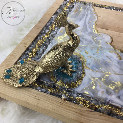 Resin Art with Glass Wooden Serving Board - Peacock - Mamota Creative