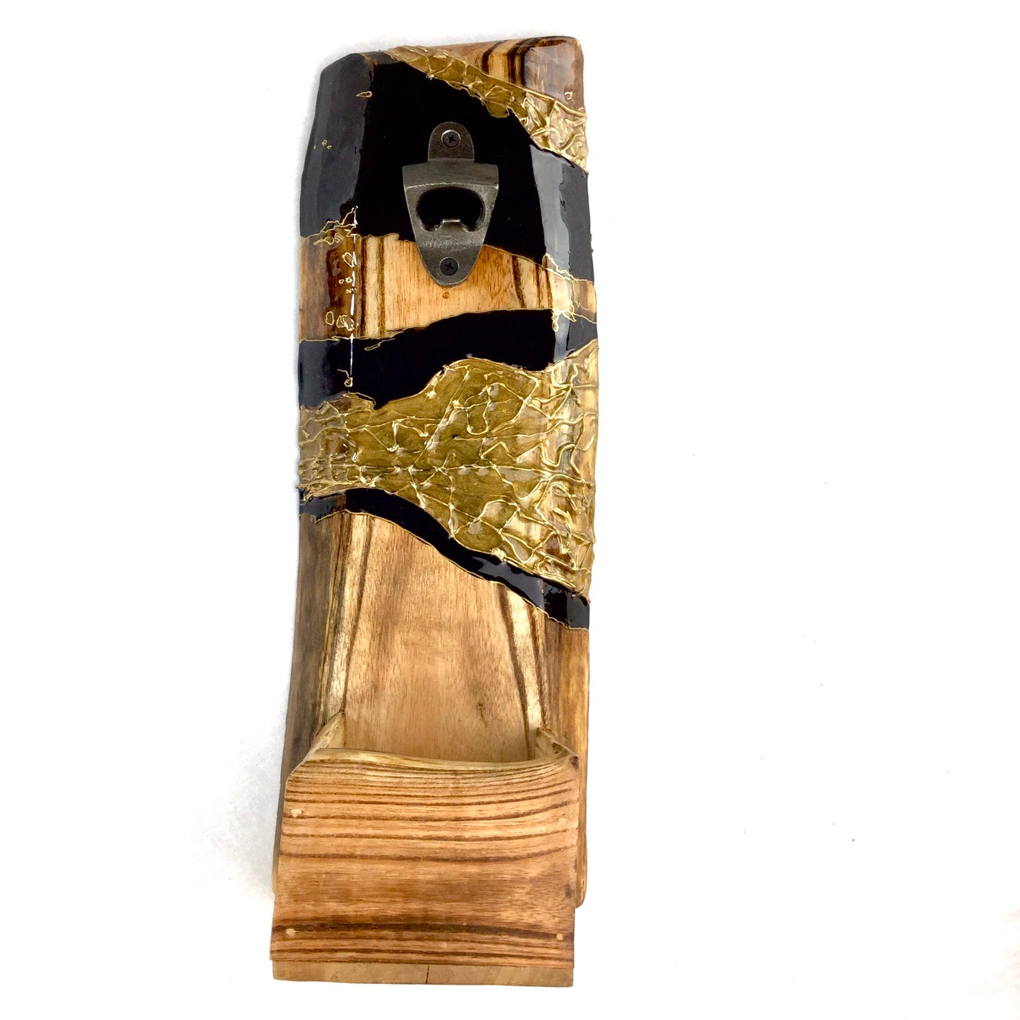 Wooden Bottle Opener with Cap Catch in Black and Gold Abstract Design - Mamota Creative