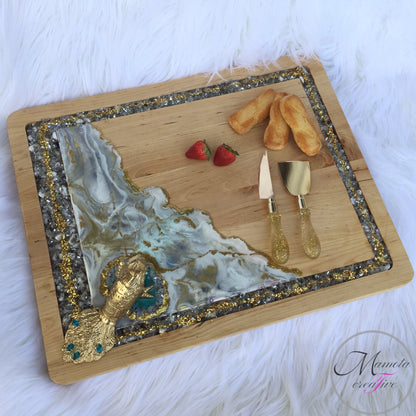 Resin Art with Glass Wooden Serving Board - Peacock - Mamota Creative