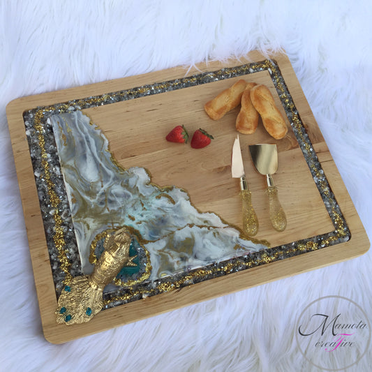 Resin Art with Glass Wooden Serving Board - Peacock - Mamota Creative