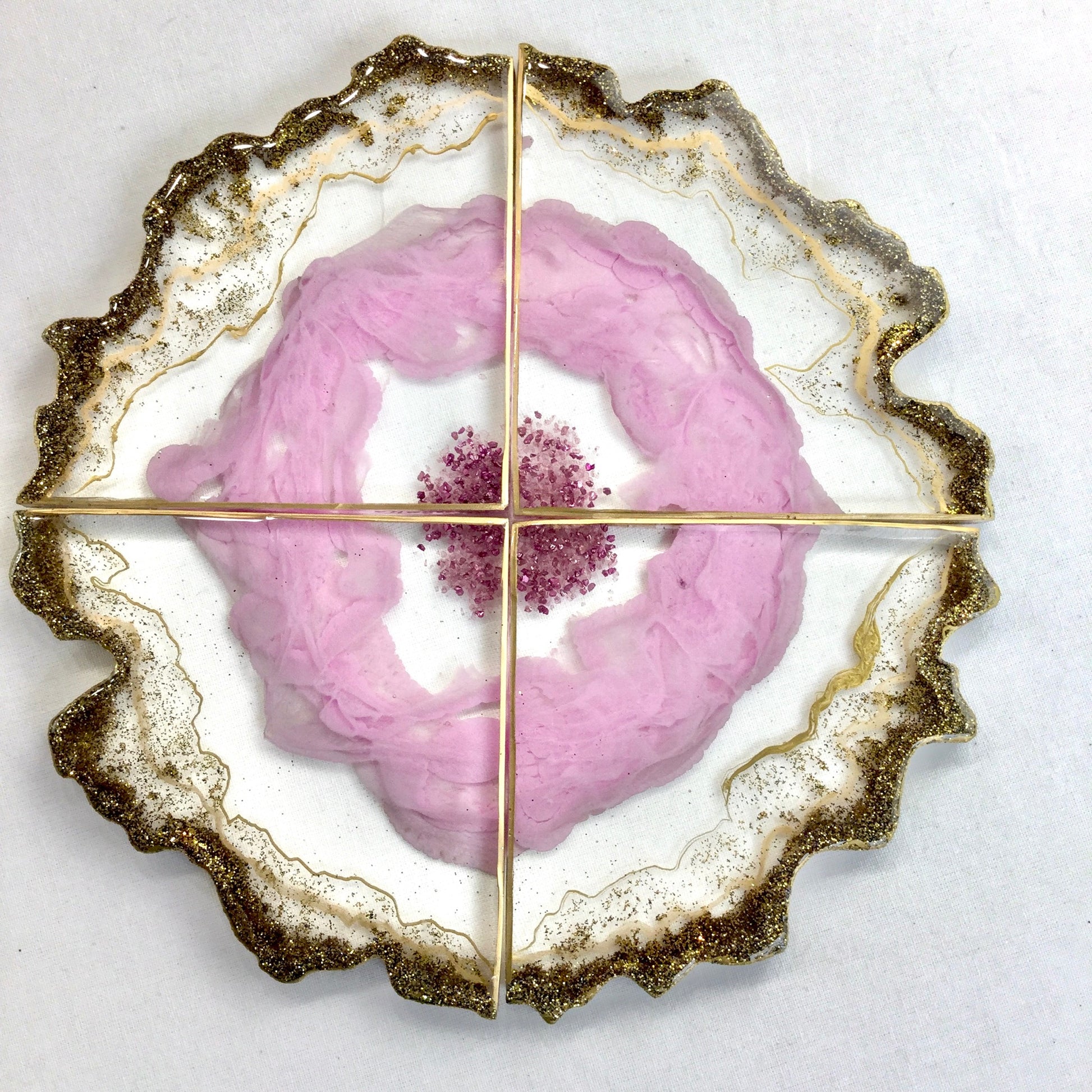 Pink Geode coasters with clear background and gold accents resin art - mamota creative