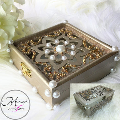 Small Laser Cut Flower Jewelry Box with Pearl Embellishments