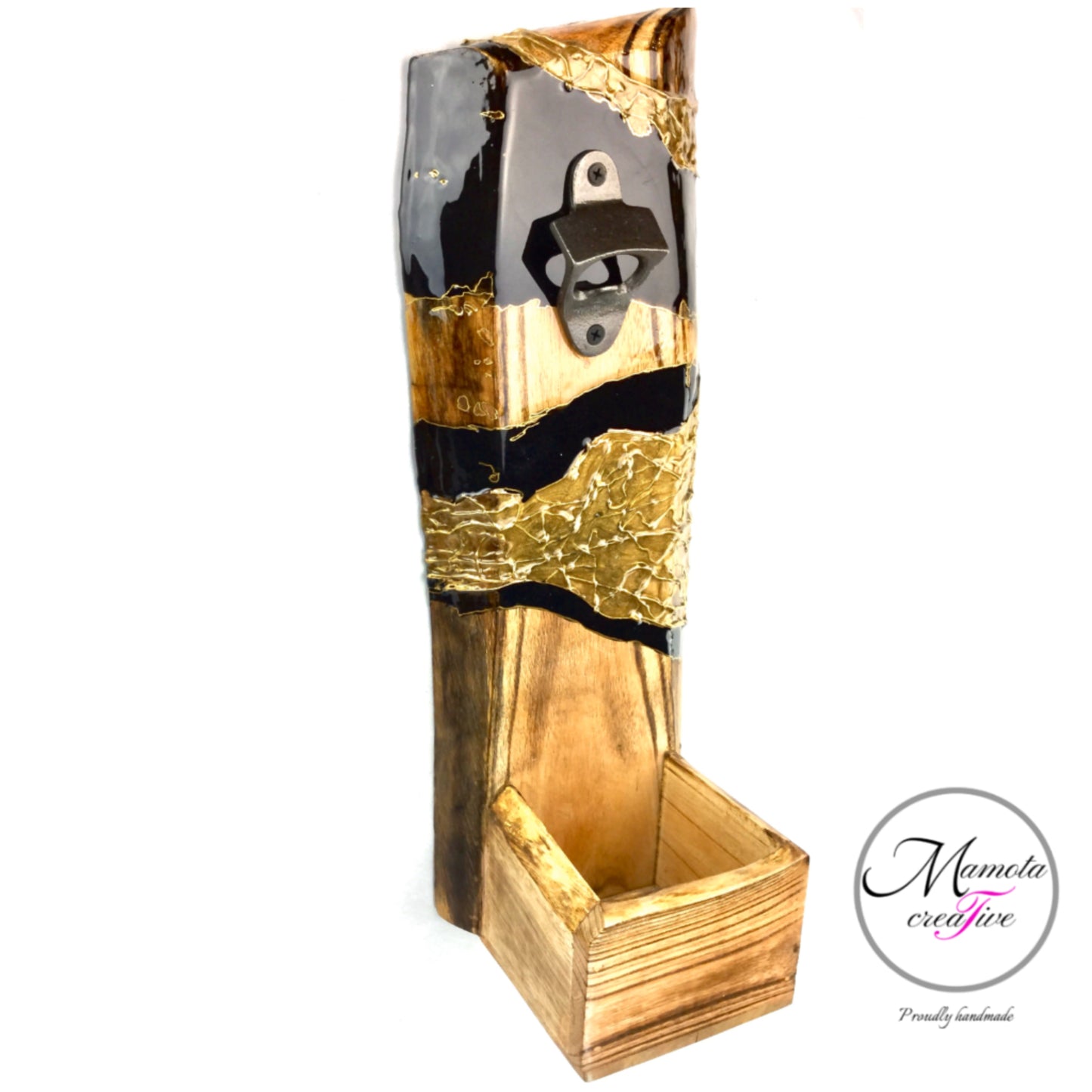 Wooden Bottle Opener with Cap Catch in Black and Gold Abstract Design - Mamota Creative