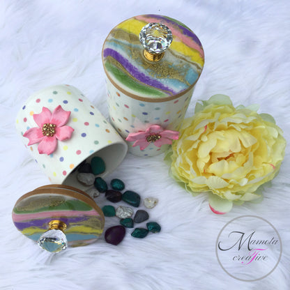 Resin Art on Ceramic Polka Dot Canisters Set of 2 - Cherry Blossom - Mamota Creative