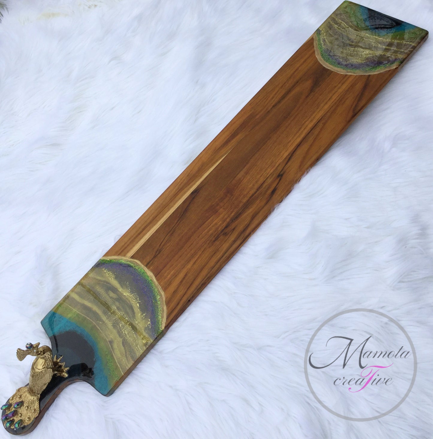The peacock resin serving board - extra large with gold peacock statue - Mamota Creative