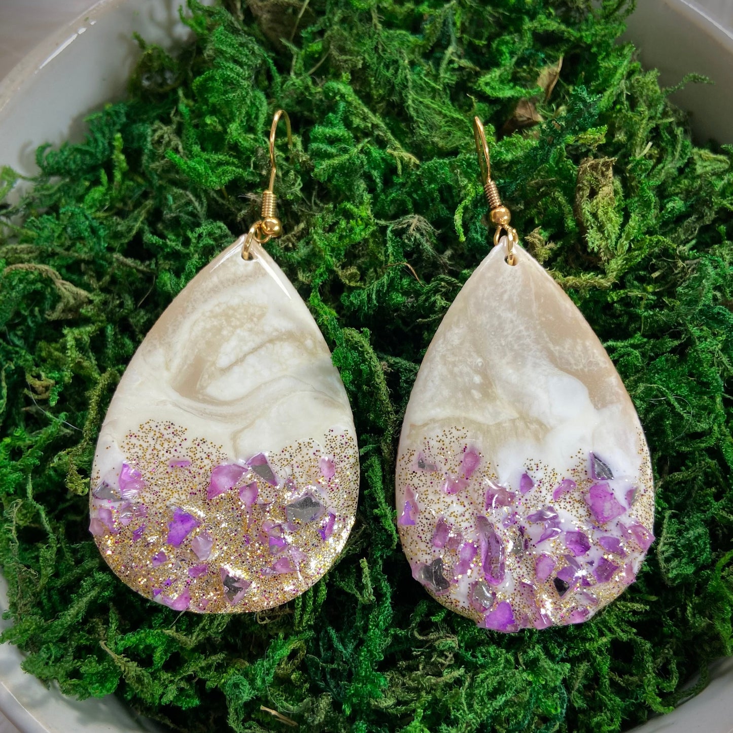 Creme and Purple Teardrop Earrings