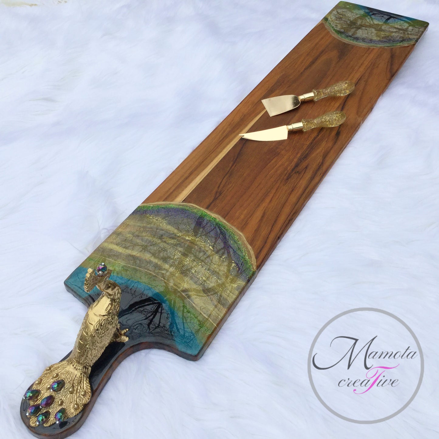 The peacock resin serving board - extra large with gold peacock statue - Mamota Creative