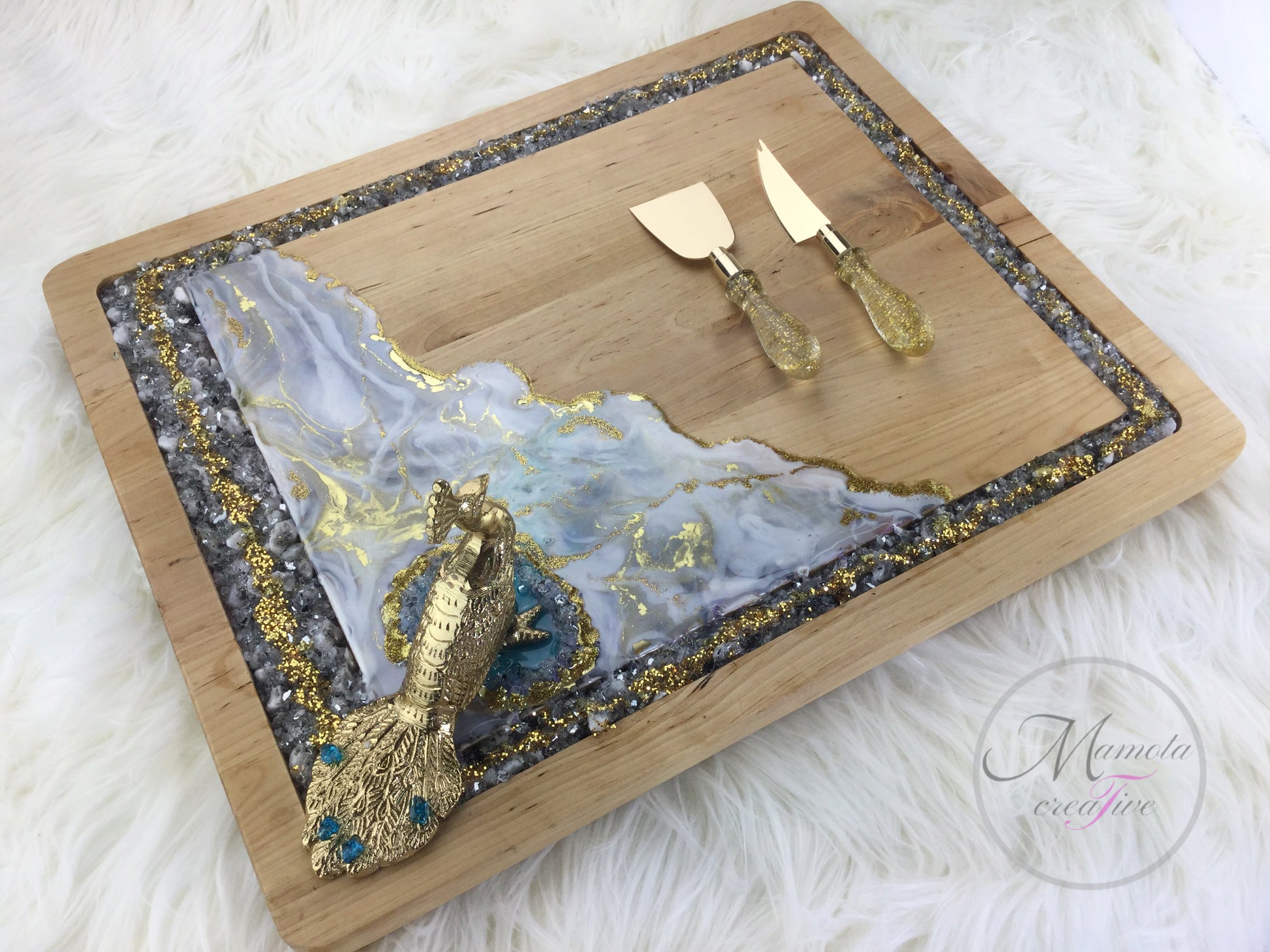 Resin Art with Glass Wooden Serving Board - Peacock - Mamota Creative