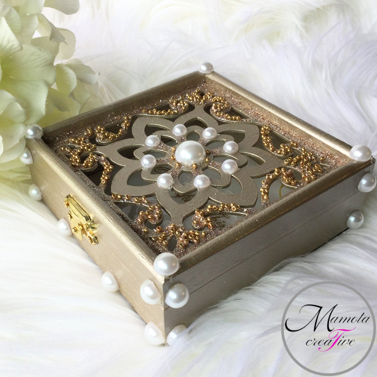 Small Laser Cut Flower Jewelry Box with Pearl Embellishments
