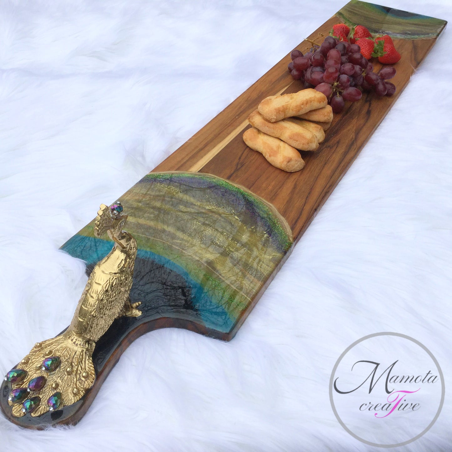 The peacock resin serving board - extra large with gold peacock statue - Mamota Creative