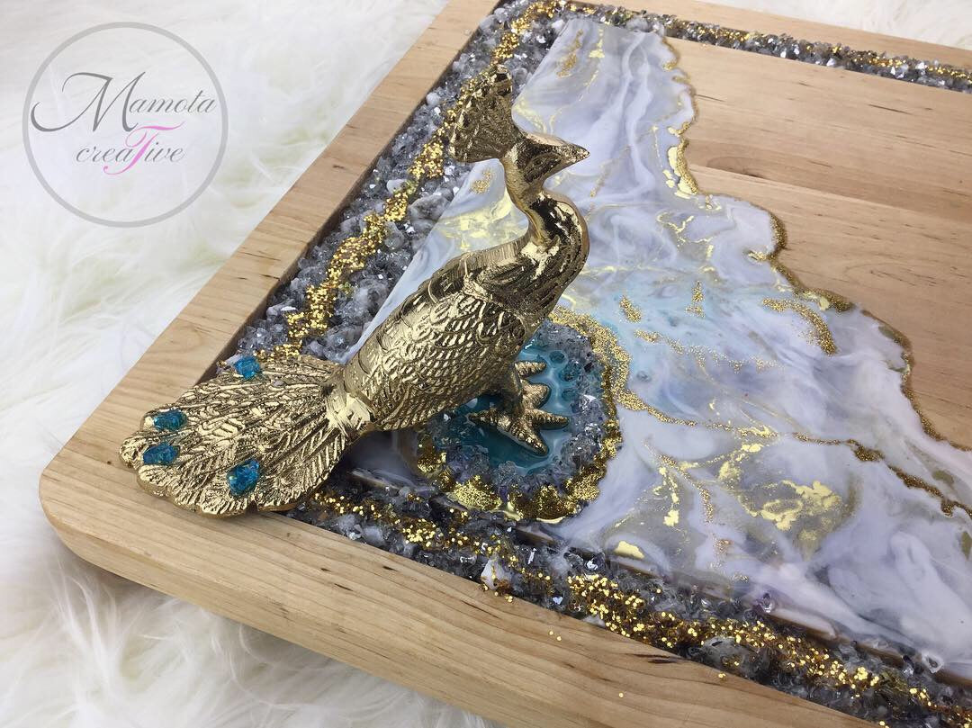 Resin Art with Glass Wooden Serving Board - Peacock - Mamota Creative