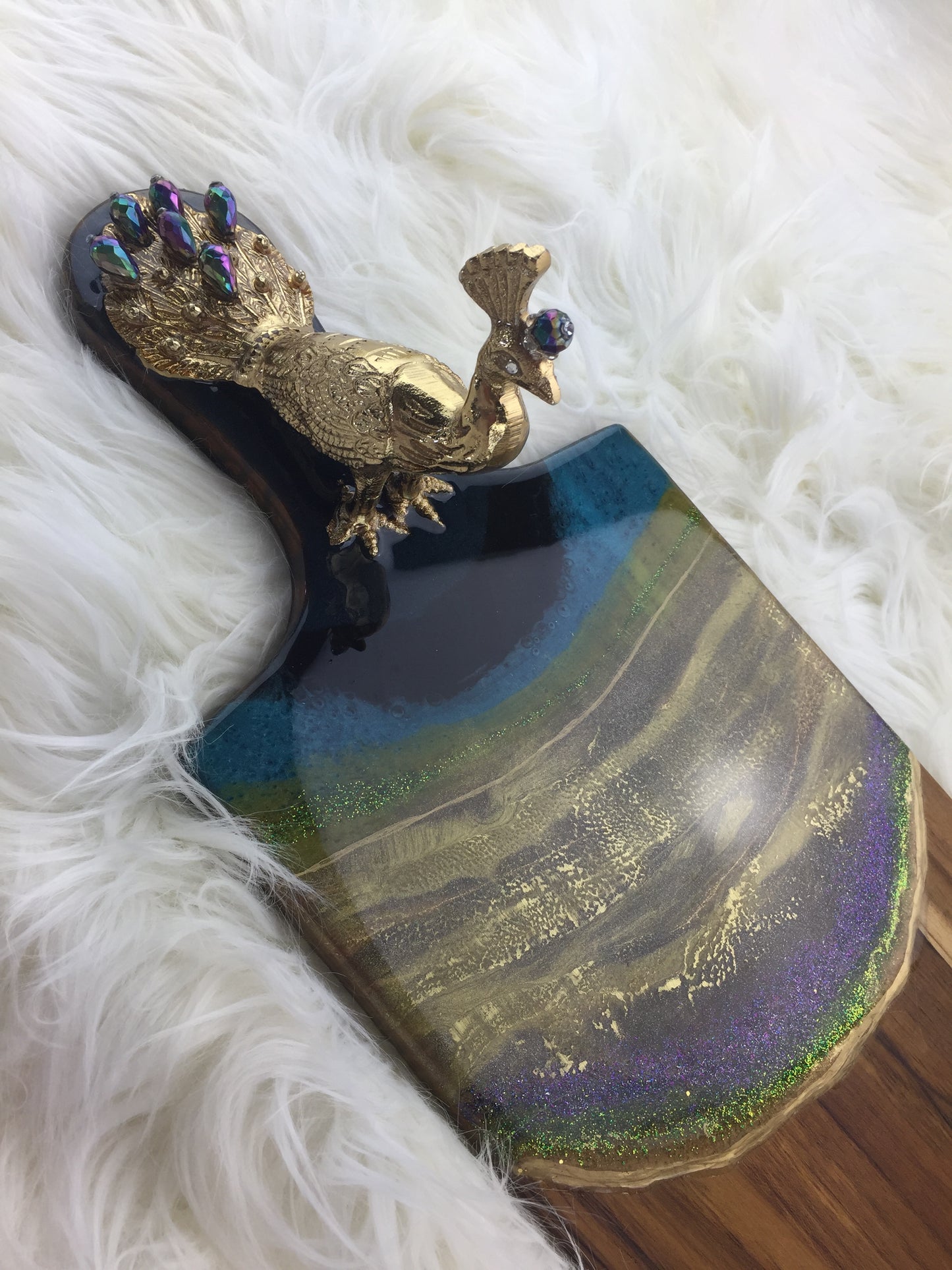 The peacock resin serving board - extra large with gold peacock statue - Mamota Creative