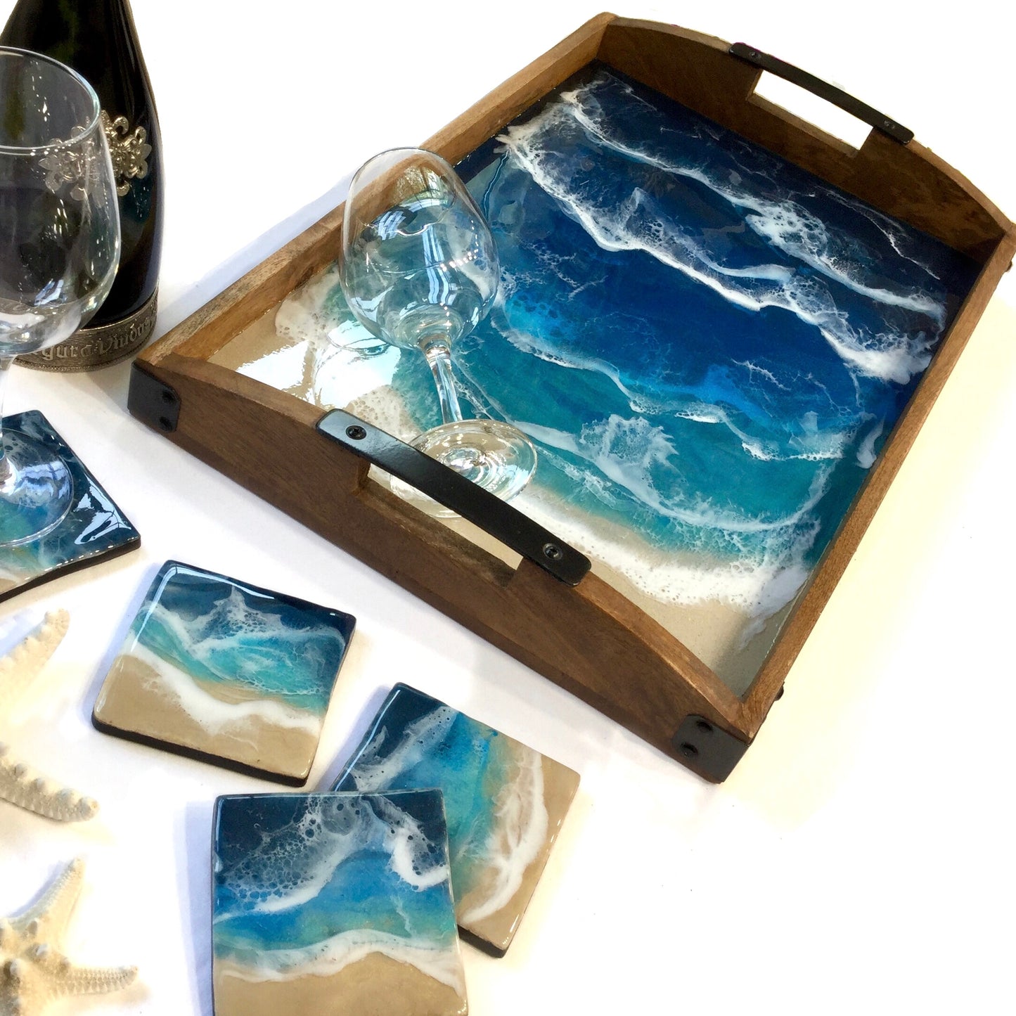 Deep Blue Oean Theme Resin Art Tray with Coordinating Accessories