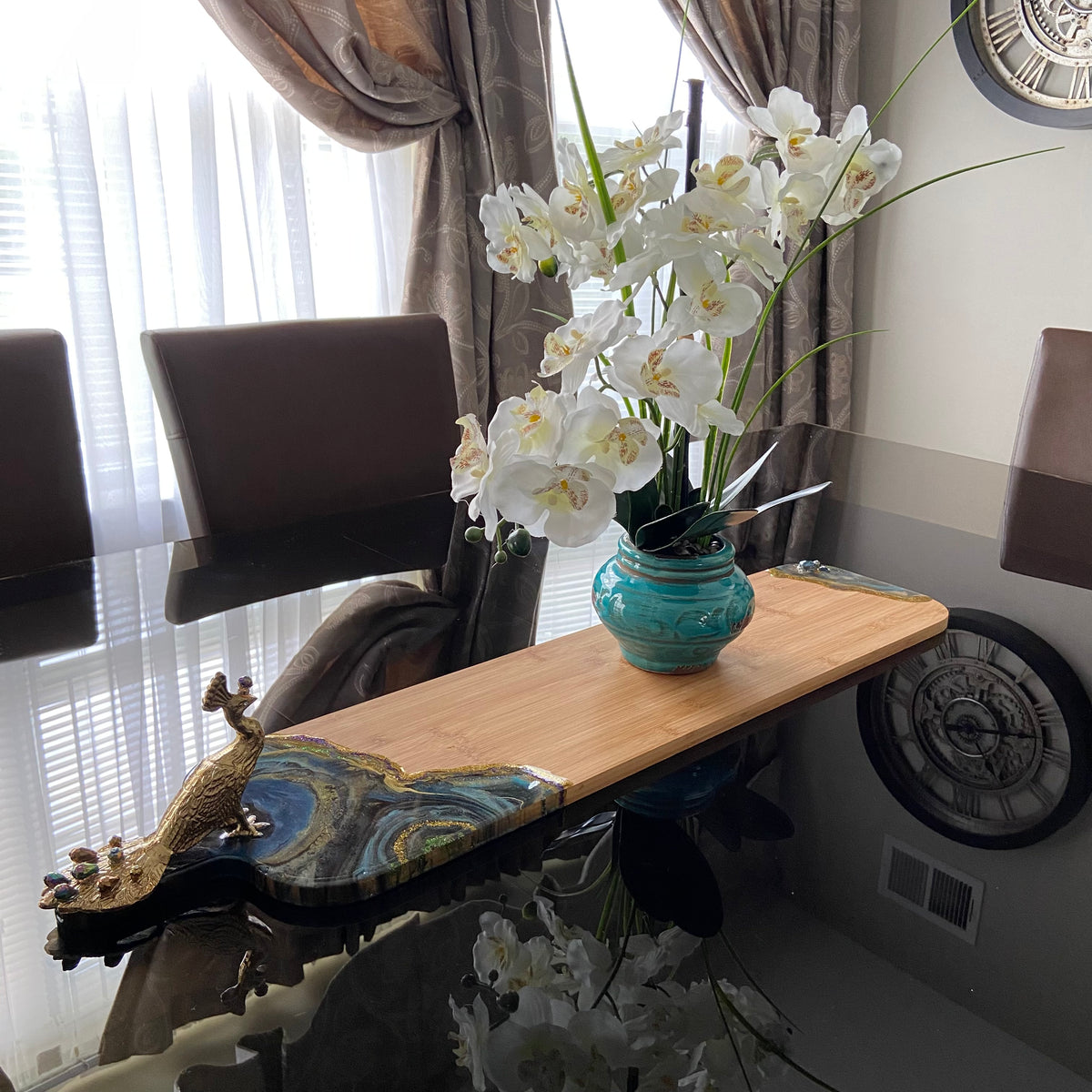 Peacock Royale resin art serving board with rich jewel tones and gold accents