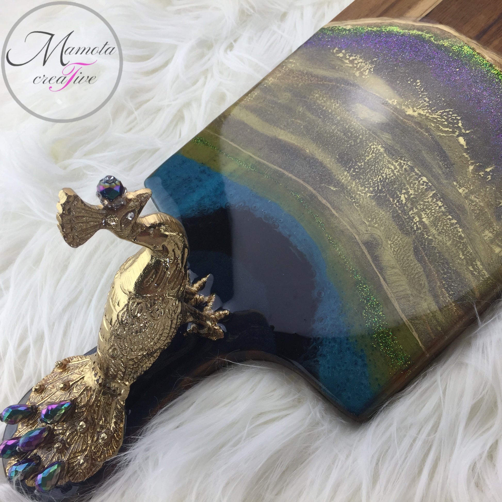 The peacock resin serving board - extra large with gold peacock statue - Mamota Creative