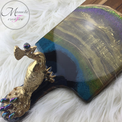 The peacock resin serving board - extra large with gold peacock statue - Mamota Creative