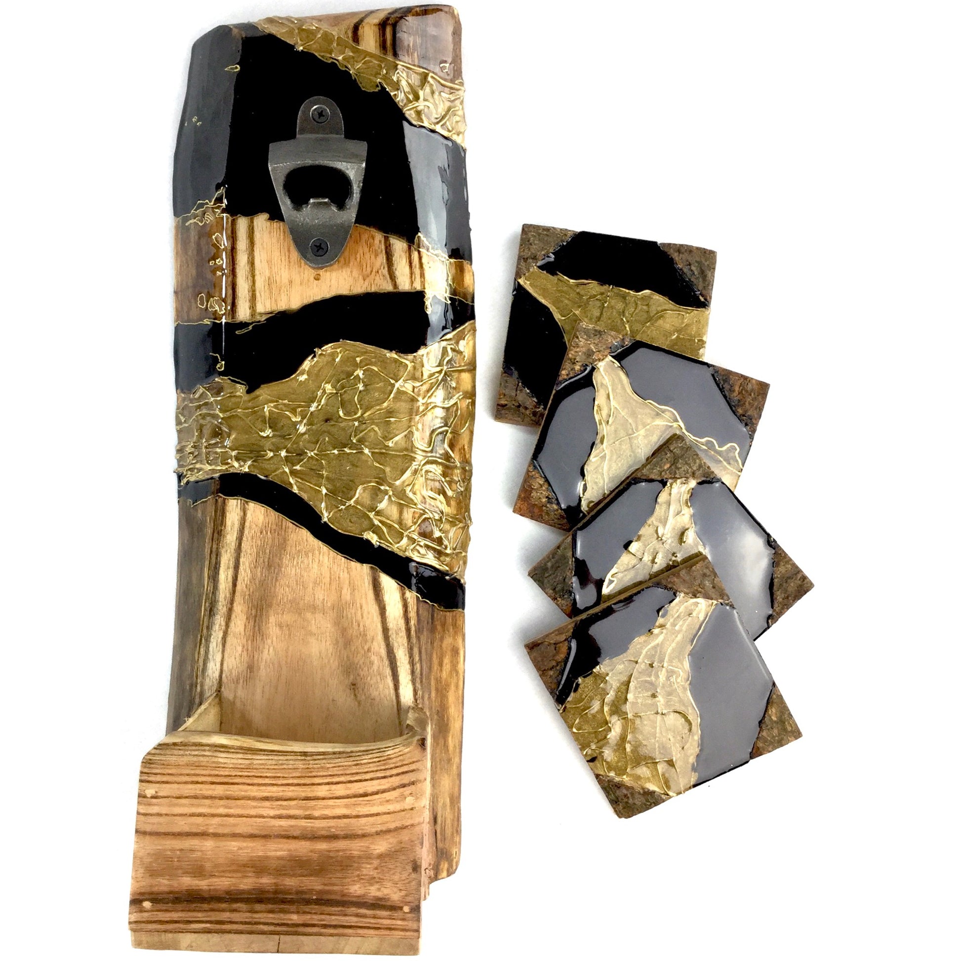 Wooden Bottle Opener with Cap Catch in Black and Gold Abstract Design with matching coasters - Mamota Creative
