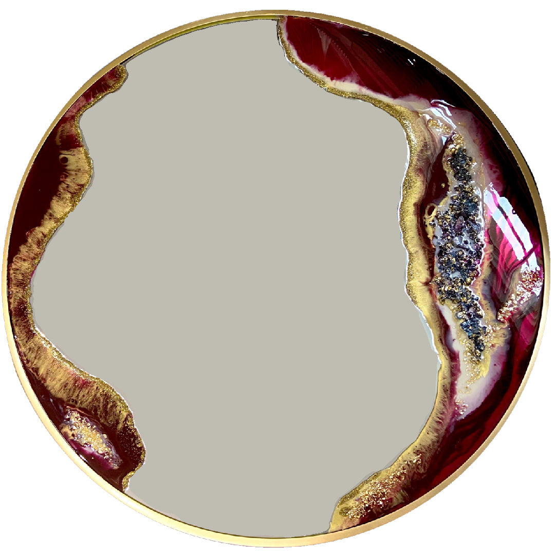 36-inch round burgundy and gold geode-inspired resin art mirror with a brushed gold frame