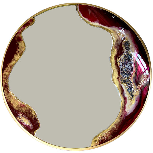 36-inch round burgundy and gold geode-inspired resin art mirror with a brushed gold frame