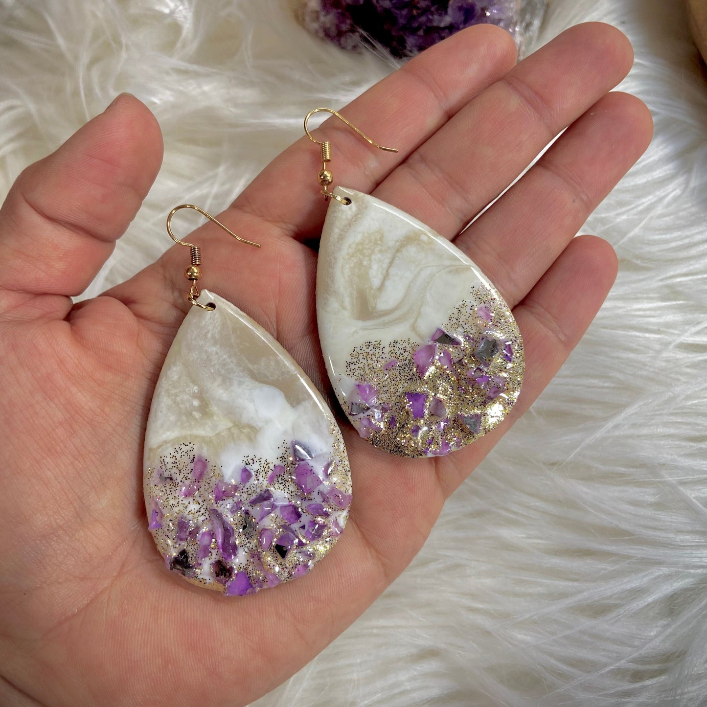 Creme and Purple Teardrop Earrings