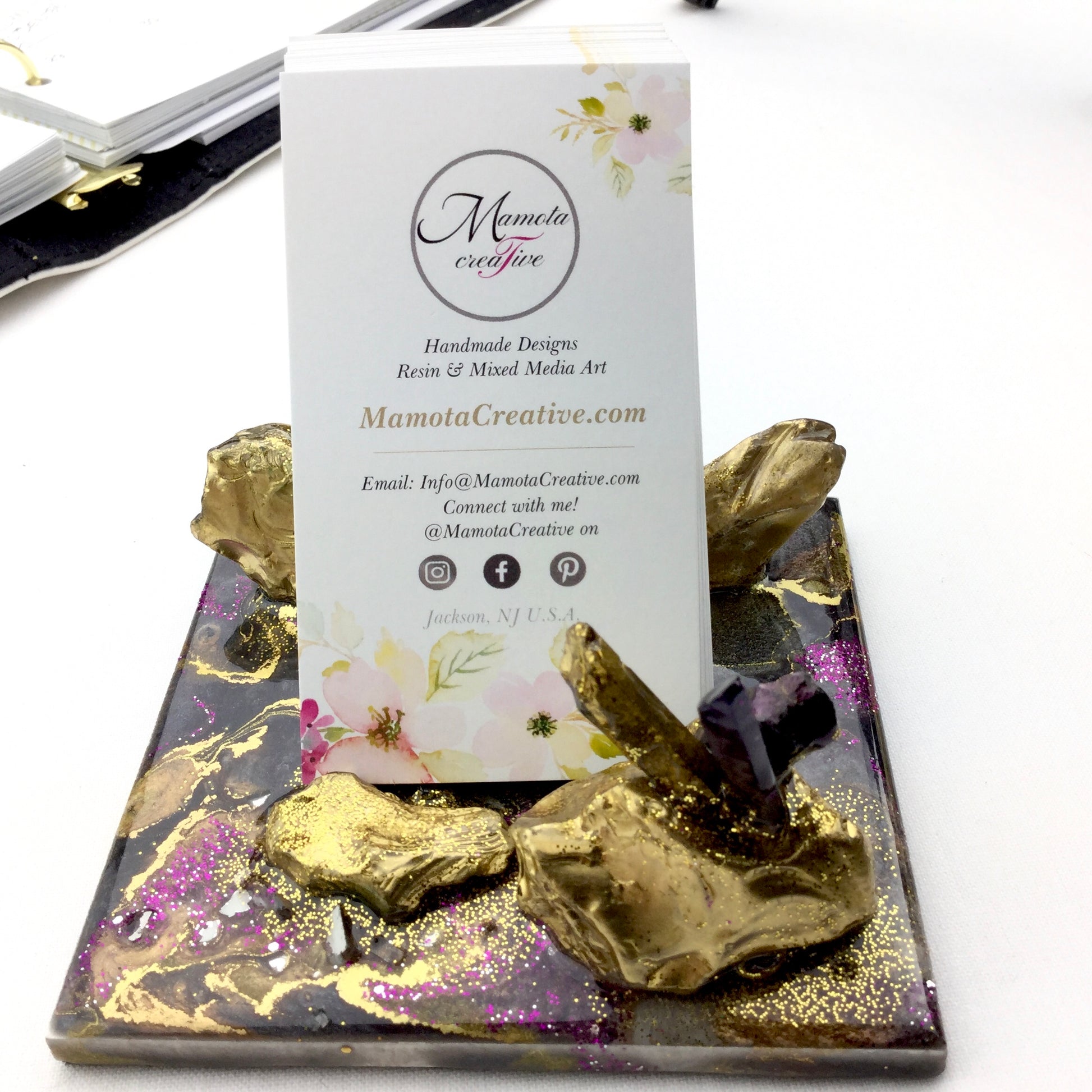 Geode Style Business Card Holder In purple and gold - Mamota Creative