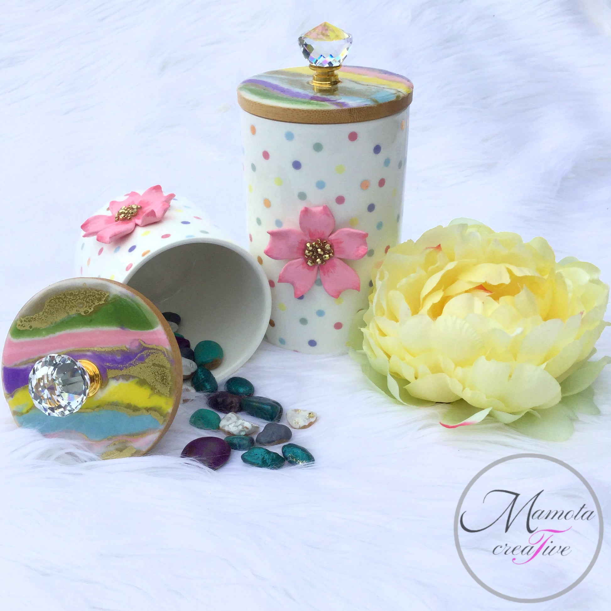 Resin Art on Ceramic Polka Dot Canisters Set of 2 - Cherry Blossom - Mamota Creative
