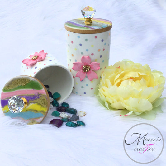 Resin Art on Ceramic Polka Dot Canisters Set of 2 - Cherry Blossom - Mamota Creative