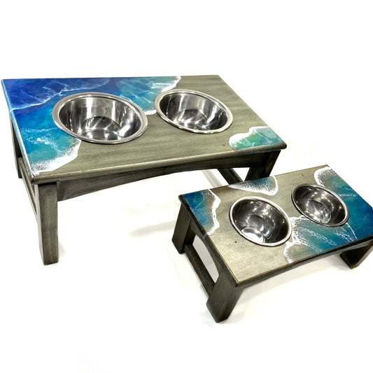 Weathered Gray Elevated Double Dog Bowl - Ocean
