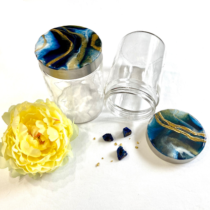 Set of two canisters with engraved cracks and blue geode toppers - Mamota Creative