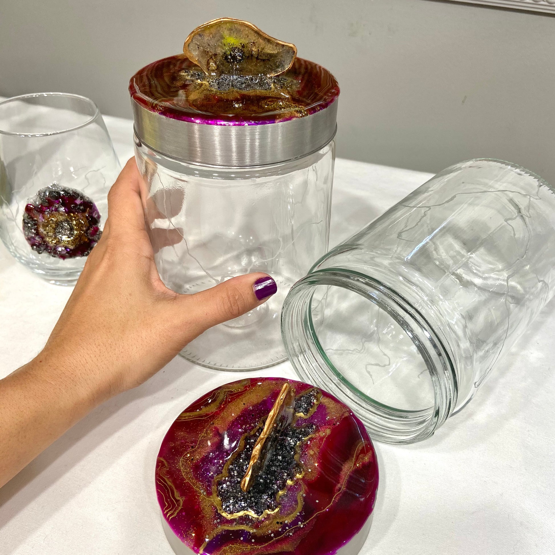 kintsugi glass canisters with burgundy lids in geode style - Mamota Creative