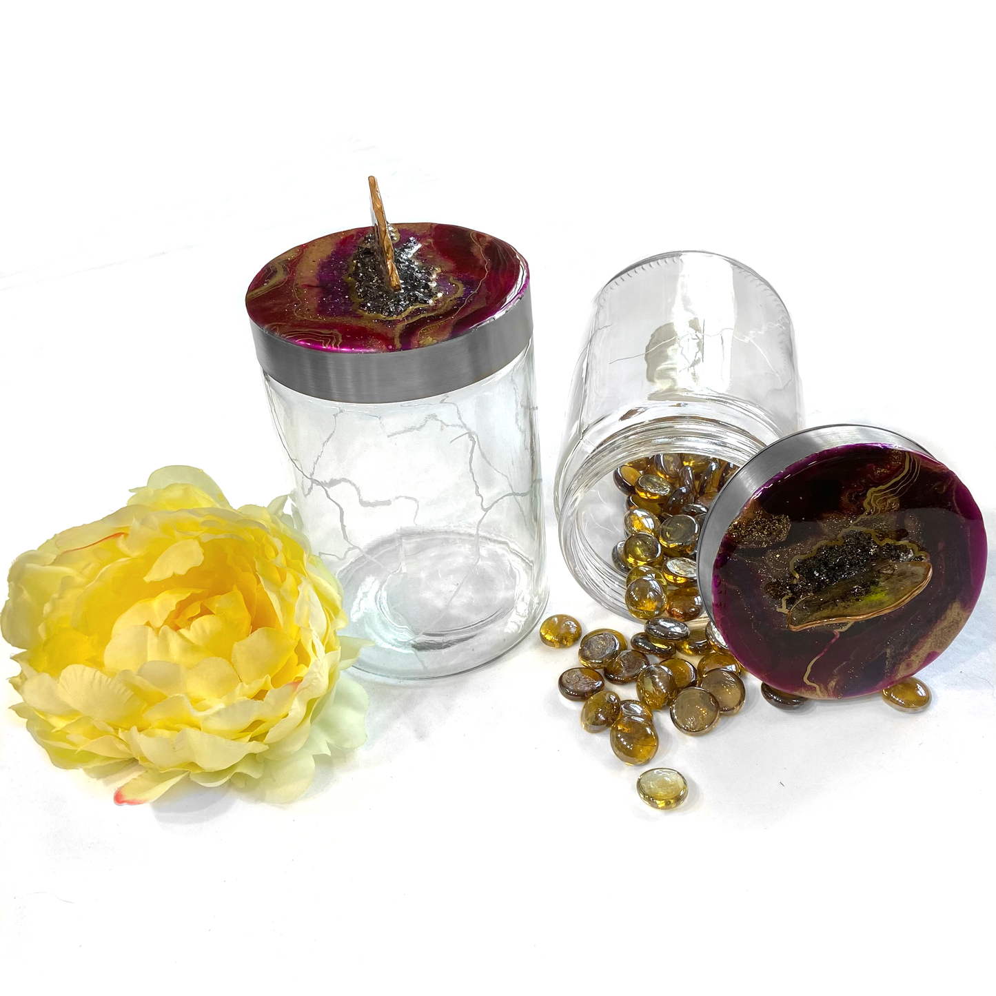 set of two kintsugi canisters with burgundy geode lids - Mamota Creative